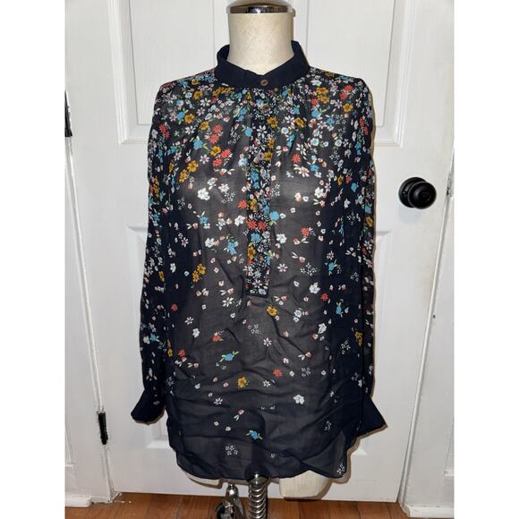 Megan Park Women’s Floral Blouse Size 1 US6 Blue Sheer Button - Picture 1 of 7